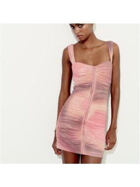 Zara Short Printed Tulle Dress Ruched Ombre Bodycon Size Small Women's